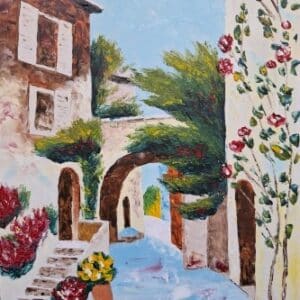 Mediterrán utca -olajfestmény, 30x40cm festőlap
