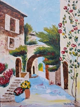 Mediterrán utca -olajfestmény, 30x40cm festőlap