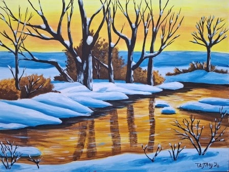 Téli folyópart -akrilfestmény, 30x40cm festőlap